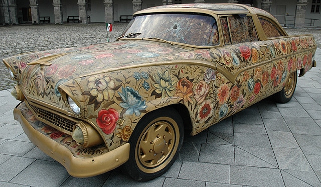 1955 Ford Victoria covered with Ayate fabric and oil painted at IMMA