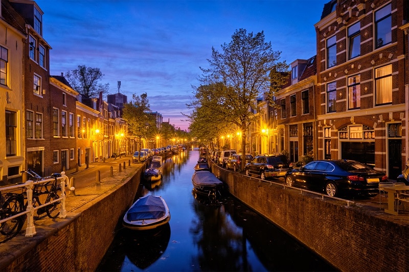 Canal and houses in the evening. Haarlem, Netherlands