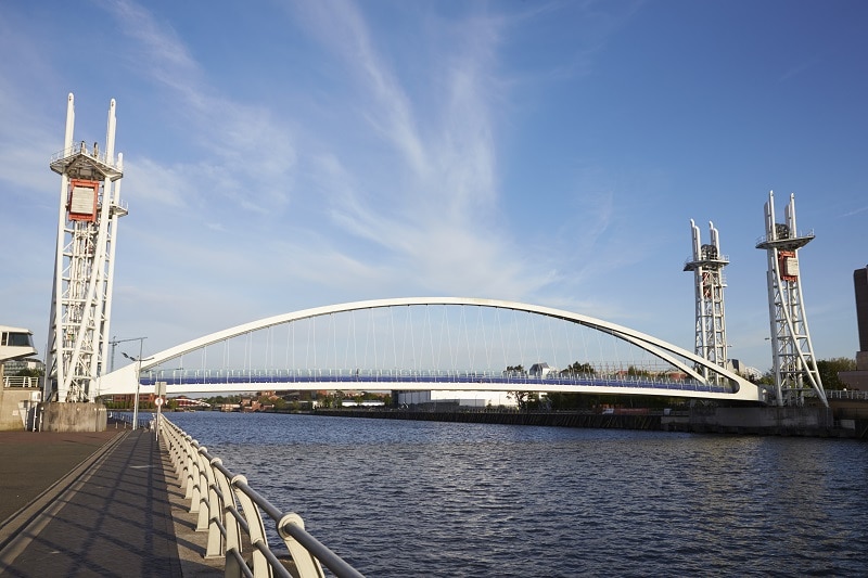 Manchester, UK - 4 May 2017: Salford Quays Lift Bridge In Manchester