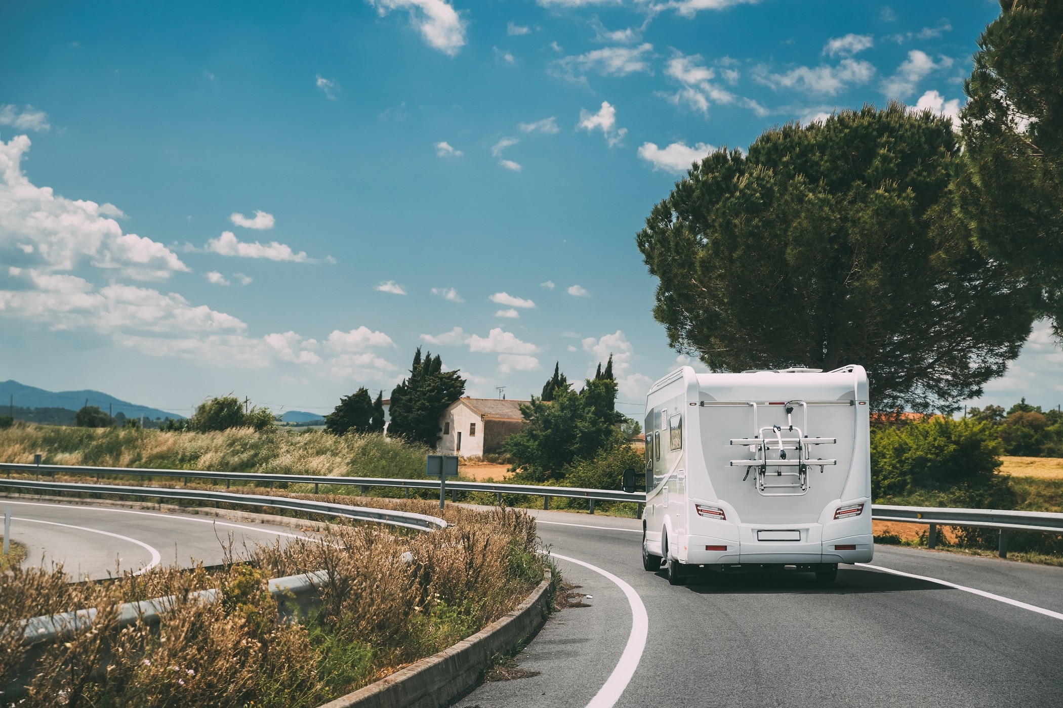 White Caravan Motorhome Car Goes On Highway Road