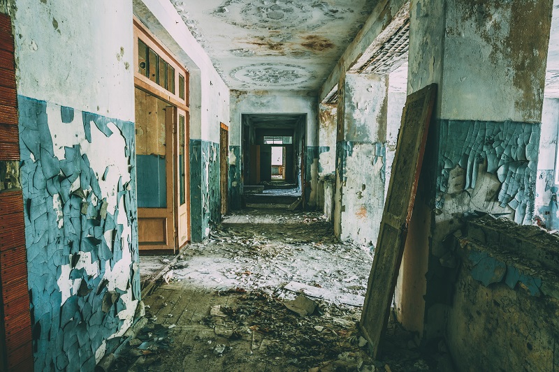 Dilapidated passage in school of Pripyat. Chernobyl Disaster