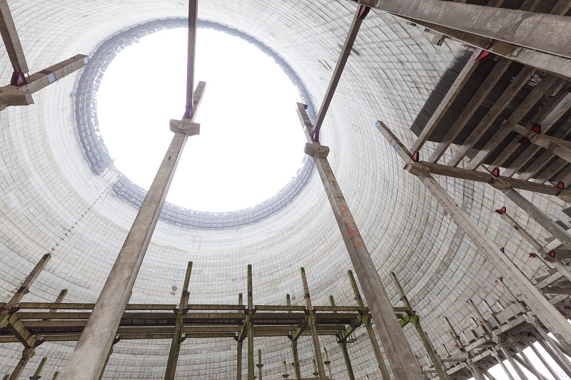 Futuristic view inside of cooling tower of unfinished Chernobyl nuclear power plant
