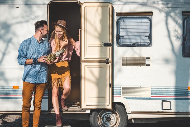 couple of campers with pineapple posing near campervan