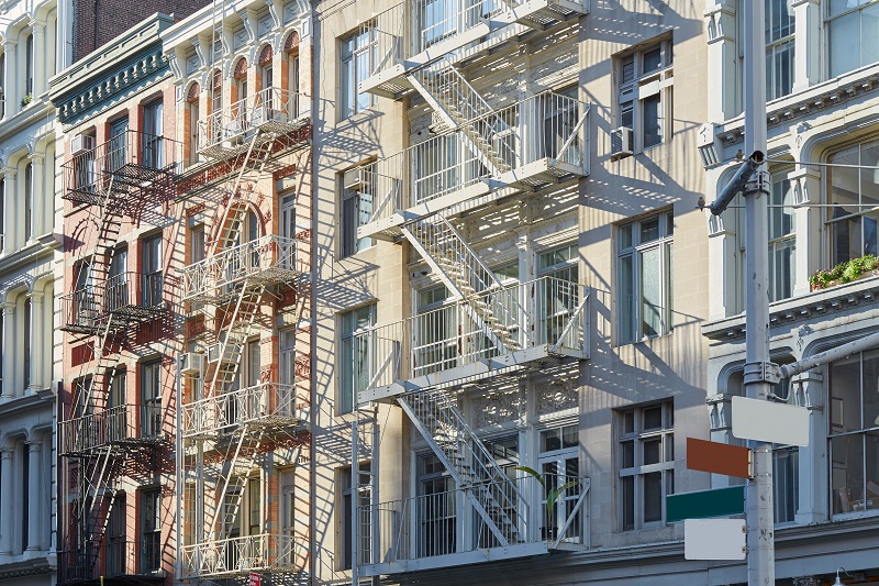 New York, cast iron architecture buildings in Soho in a sunny mo