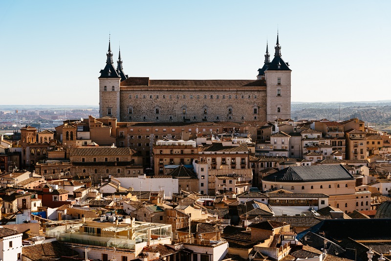 Cityscape of historic centre of Toledo, Spain, and El Alcazar palace