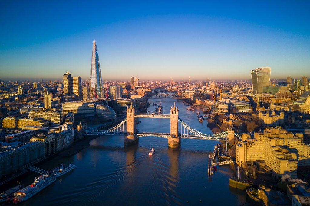 Aerial view of London and the Tower Bridge