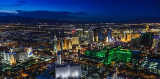 Las Vegas, Nevada, USA,Aerial view of Las Vegas cityscape lit up at night, Las Vegas, Nevada, United States
