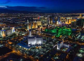 Las Vegas, Nevada, USA,Aerial view of Las Vegas cityscape lit up at night, Las Vegas, Nevada, United States