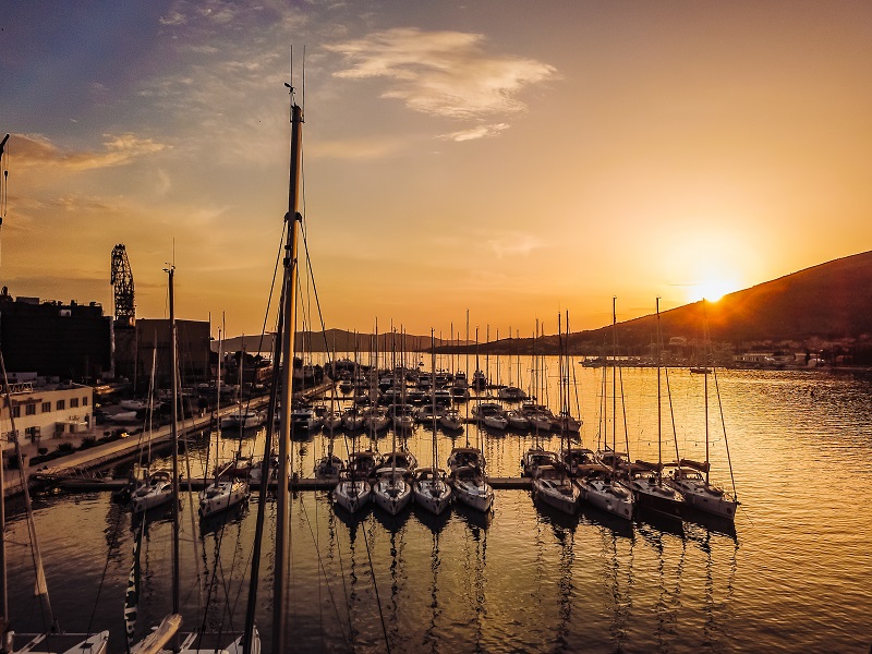 Aerial view, sailing yachts, motor yachts, Croatia. Sunset