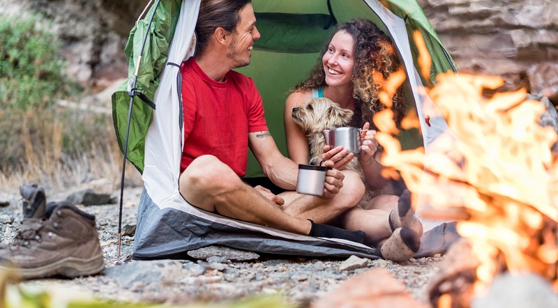 Travel couple camping in rock mountains with their dog - Climber
