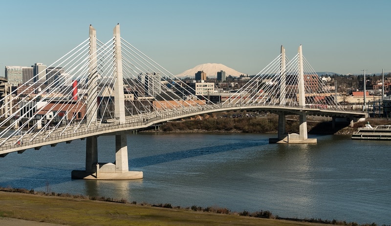 People Move Across Portland Bridge Willamette River Mount St Hel