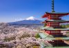 Chureito red pagoda with sakura in foreground and mount Fuji in background, Fujiyoshida, Japan