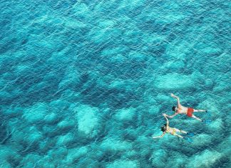 Above view of couple snorkeling in sea water