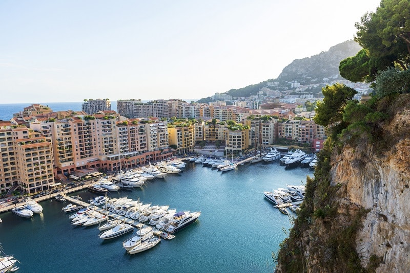 Coastal cityscape with skyscrapers and yacht marina, Monaco