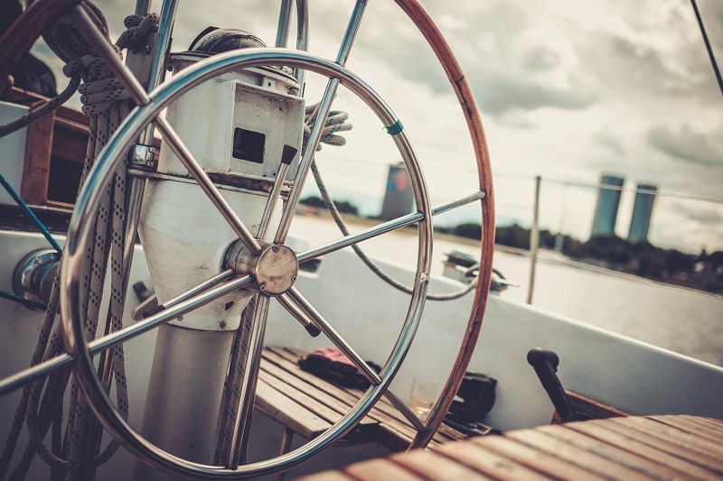 Steering wheel on a yacht