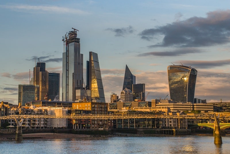 London skyscrapers along the River Thames make the city a modern