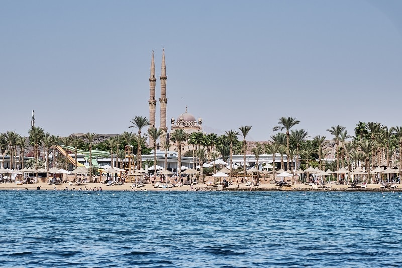 View from Red Sea to Sharm El Maya Beach and El Sahaba Mosque. Sharm El Sheikh, Egypt